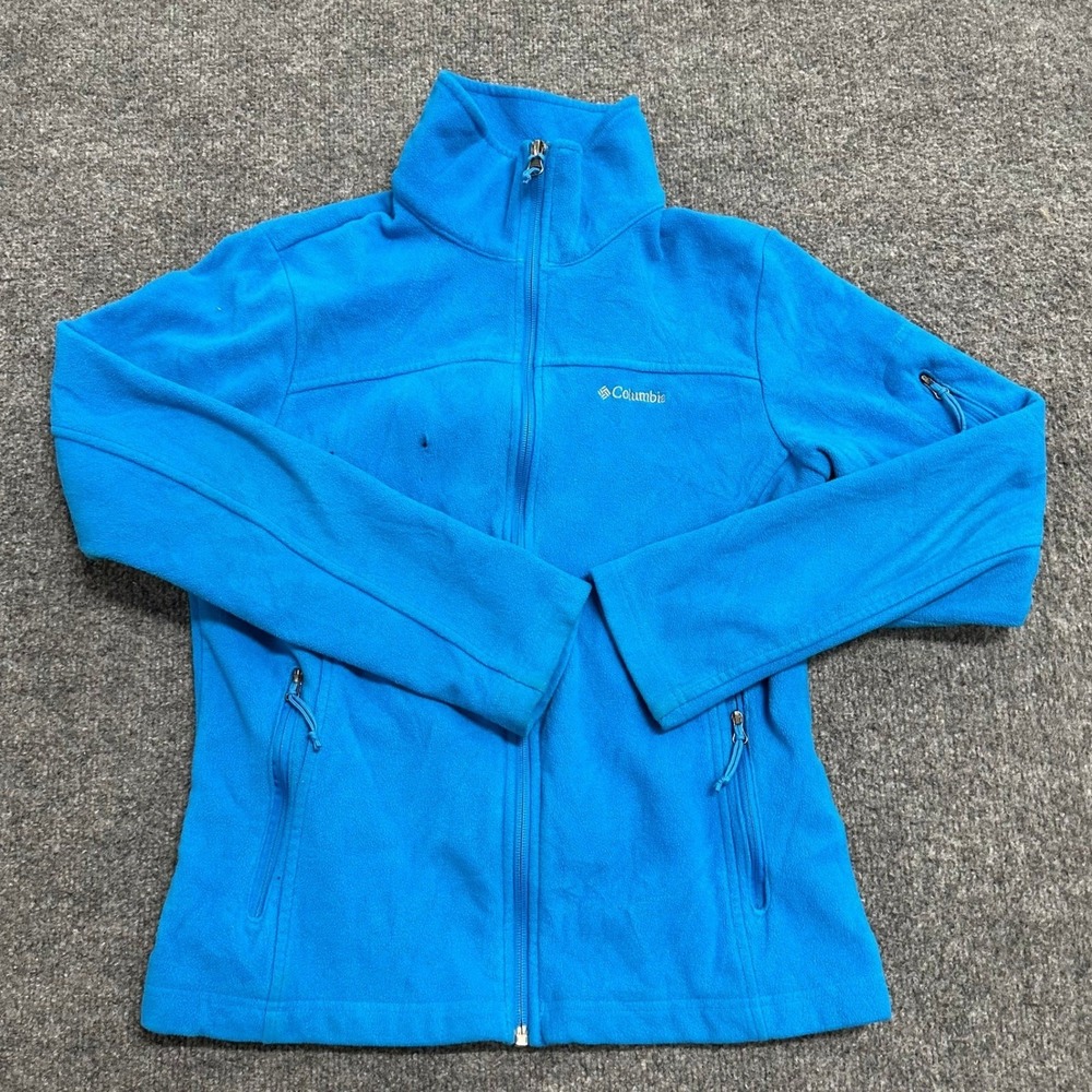 Columbia Fleece Jacket Womens Size M Blue Full Zip Outdoor Casual Mock Neck Hole